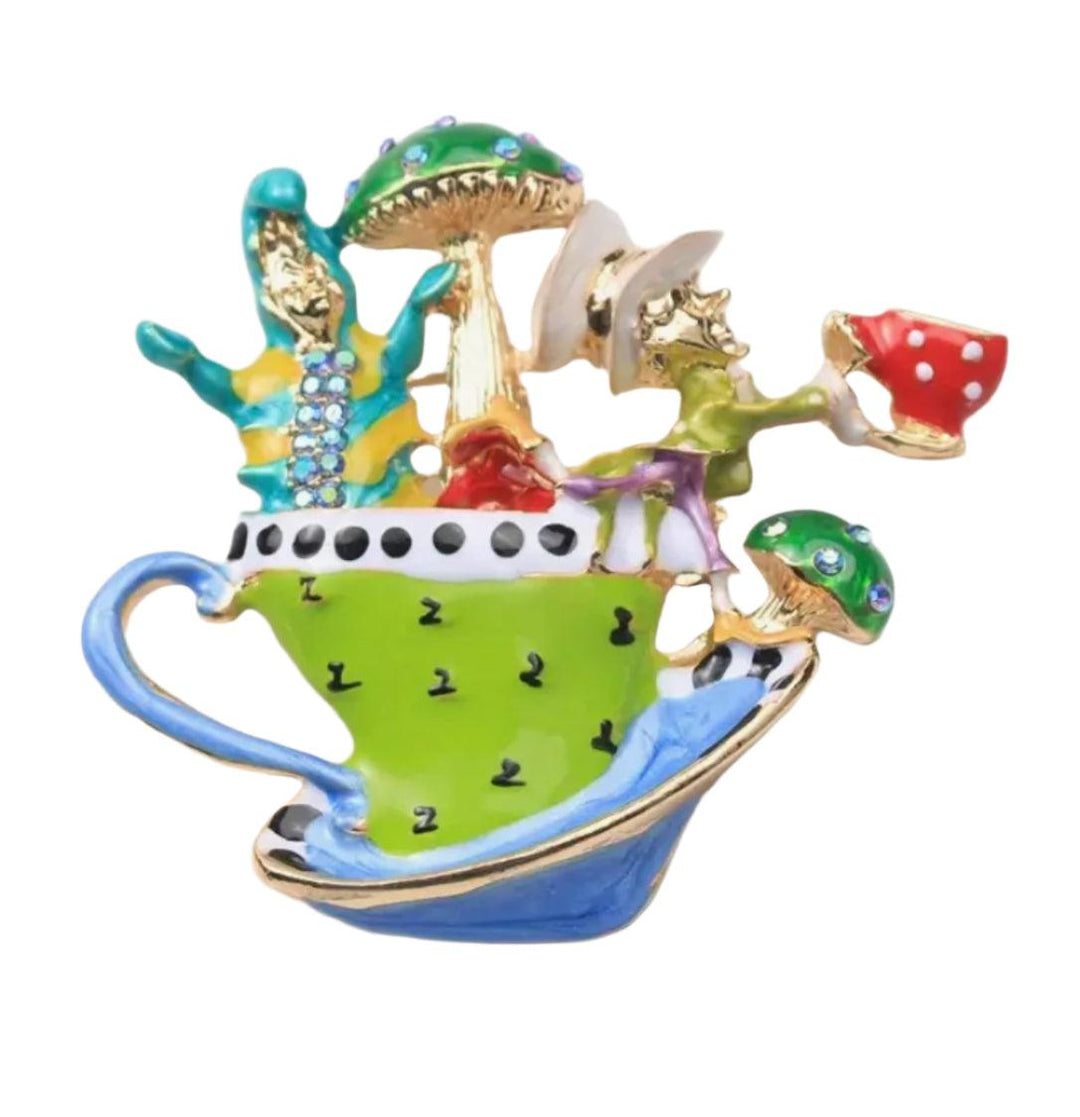 Mad Hatter Teacup Enamel & Sparkle Brooch