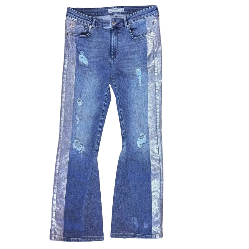 Silvian Heach Italian Silver Paint Boot Flare Jeans- Size 14