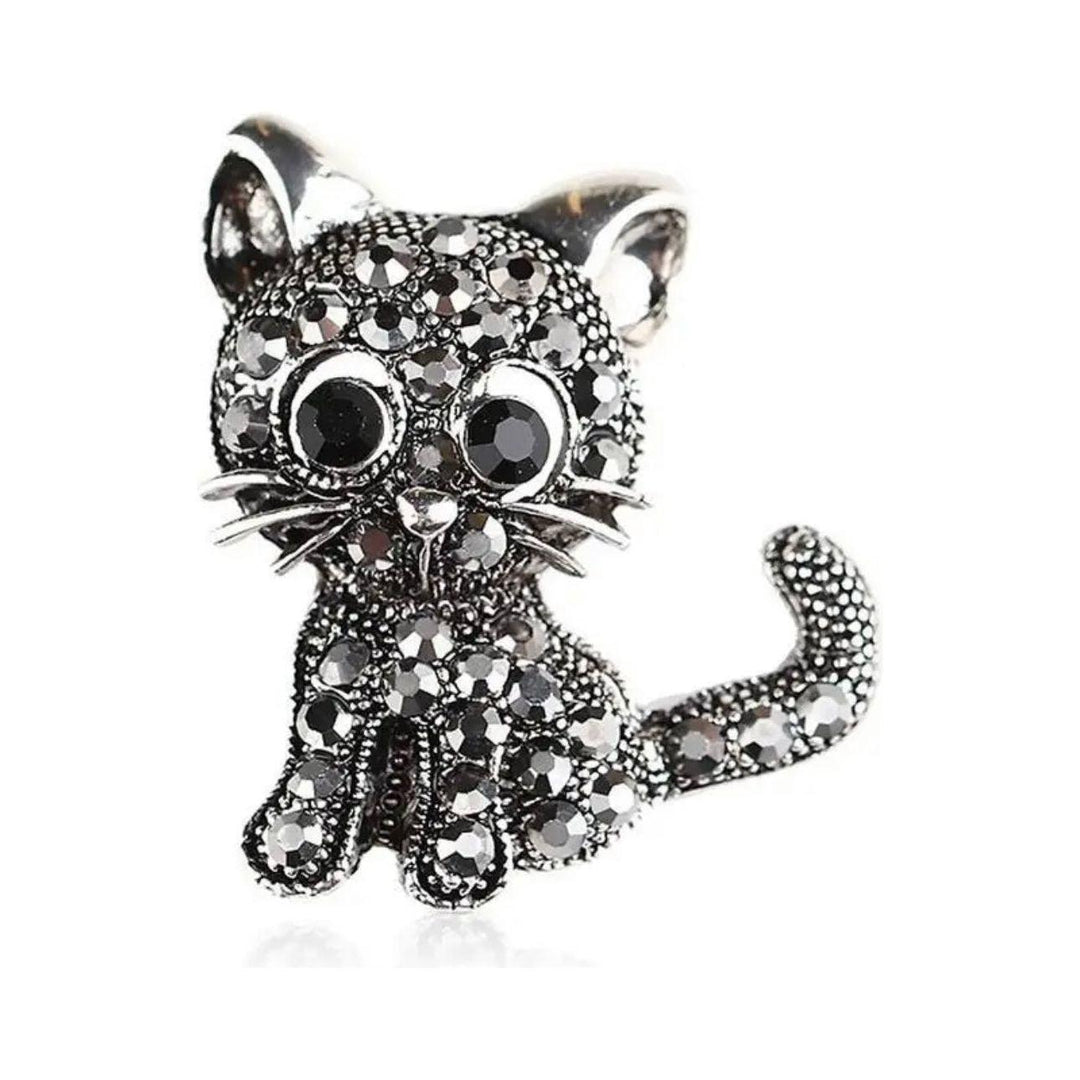Silver Jewelled Tiny Cat Brooch - Jean Pool