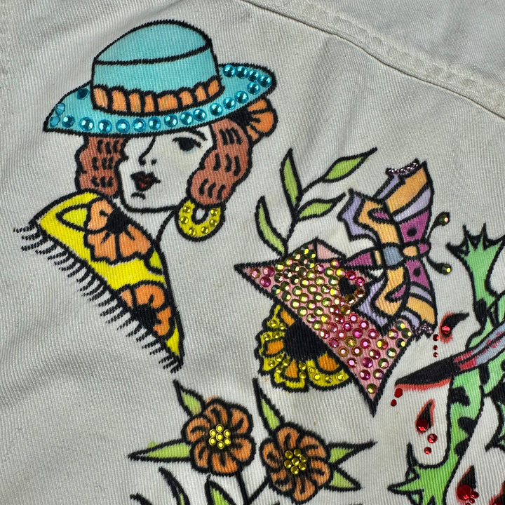 AMCO Vintage 1970's White Tattoo Print Denim Jacket - Size XS