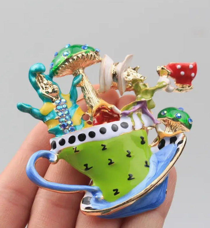 Mad Hatter Teacup Enamel & Sparkle Brooch