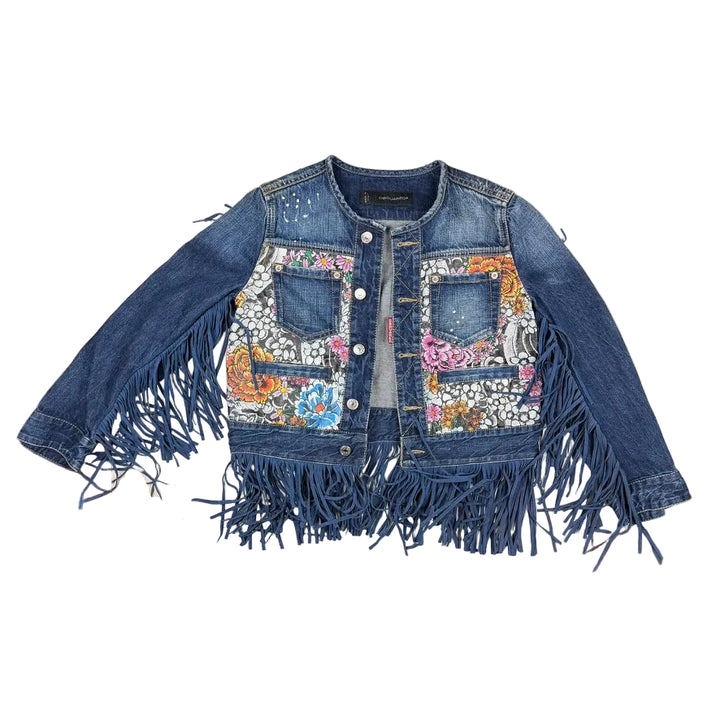 Dsquared2 Ladies Fringed Floral & Denim Jean Jacket - Size S