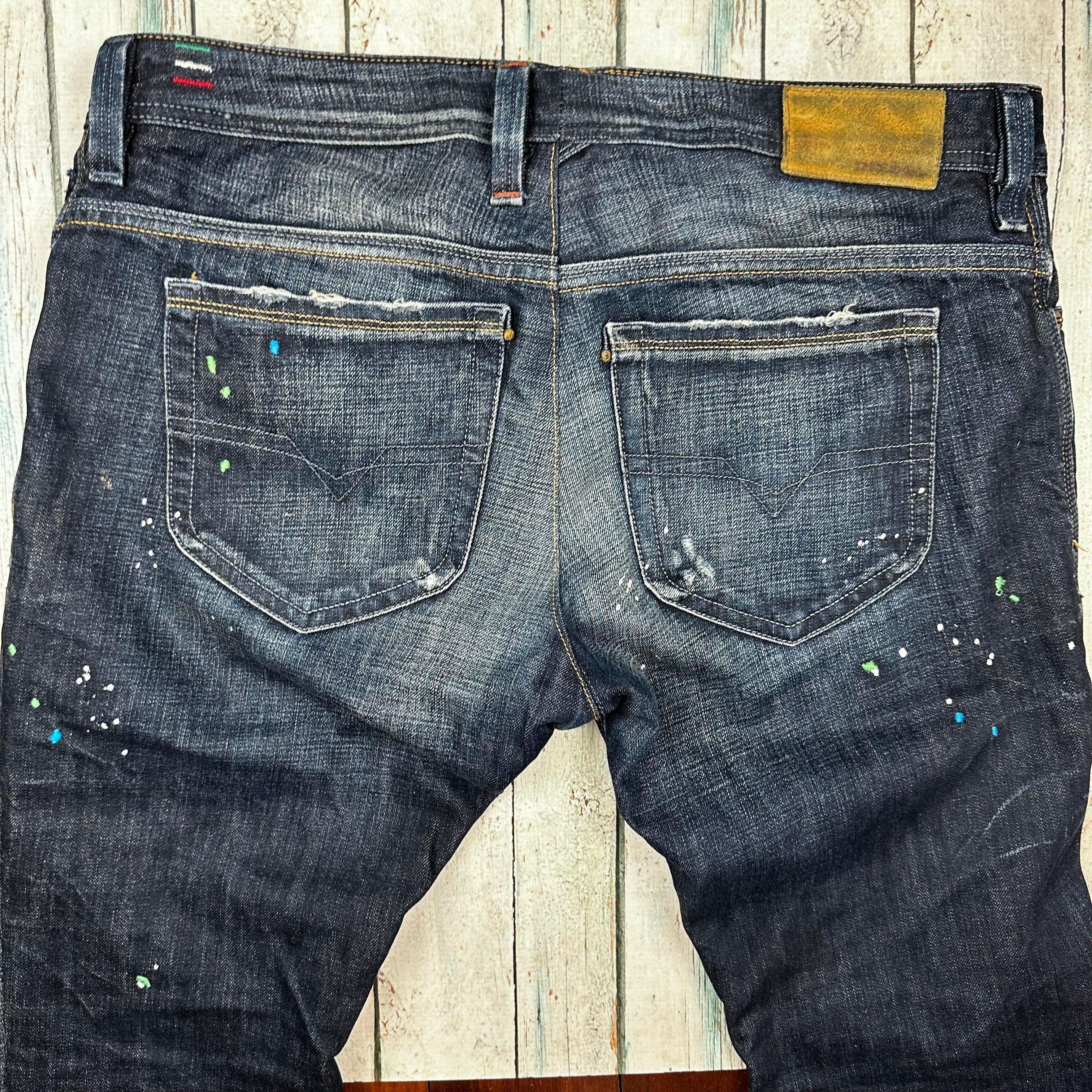 Diesel Thanaz Slim Straight Mens Paint Jeans Size 36 Jean Pool