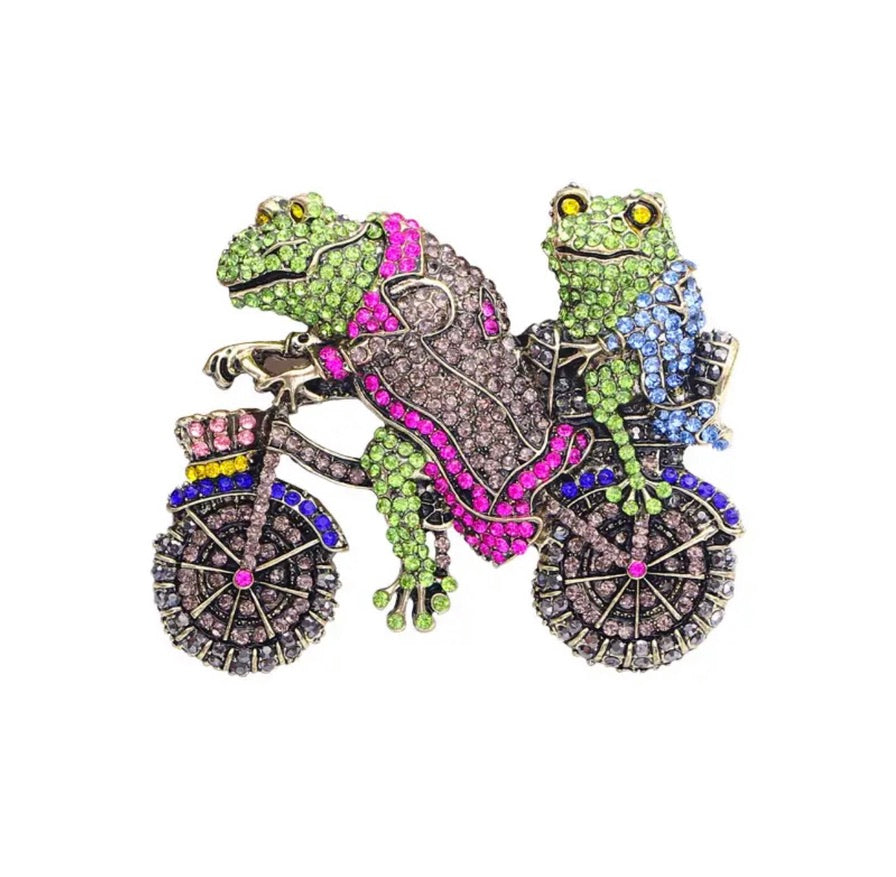 Jewelled Frogs on a Bike Large Brooch