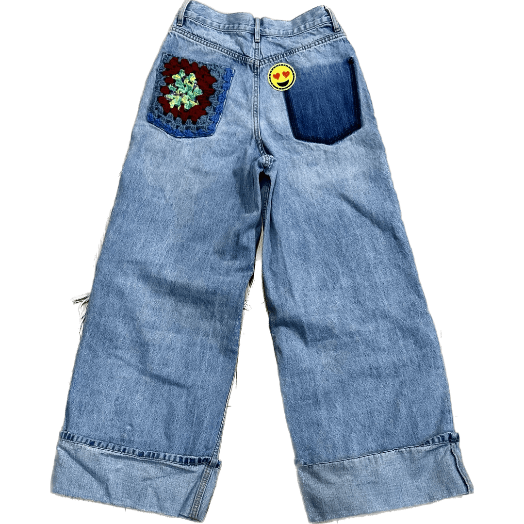 Reworked Crochet Patch Baggy Jeans - Size 8 - Jean Pool