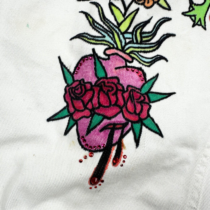 AMCO Vintage 1970's White Tattoo Print Denim Jacket - Size XS