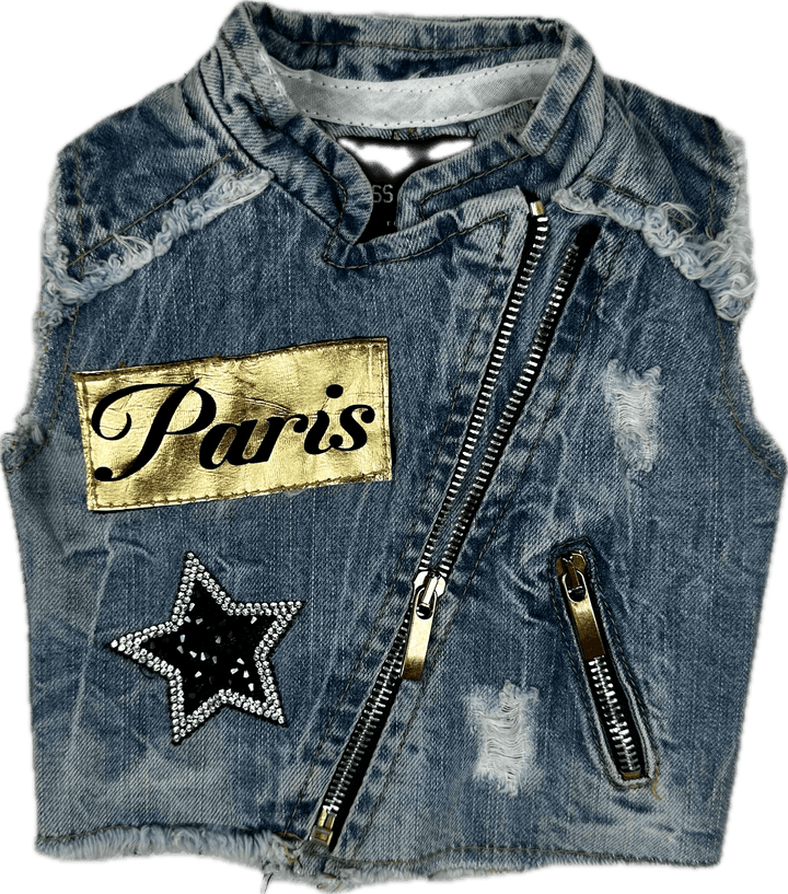 Miss Lu Lu Italian 'Paris' Denim Sleeveless Biker Jacket - Size 6M