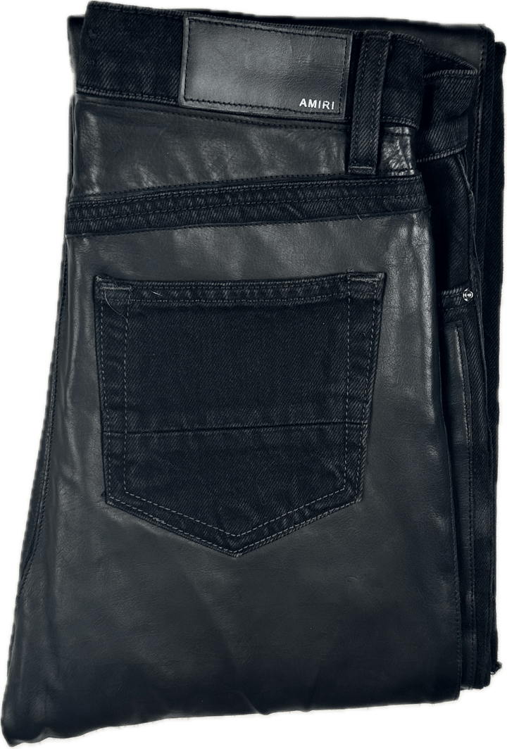 Amiri Black Leather & Denim Kick Flare Jeans- Size 26 or 8AU - Jean Pool