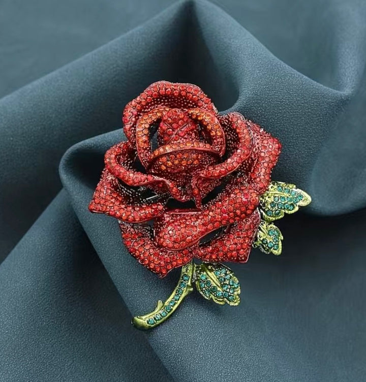 Jewelled Large Single Red Rose Sparkle Brooch
