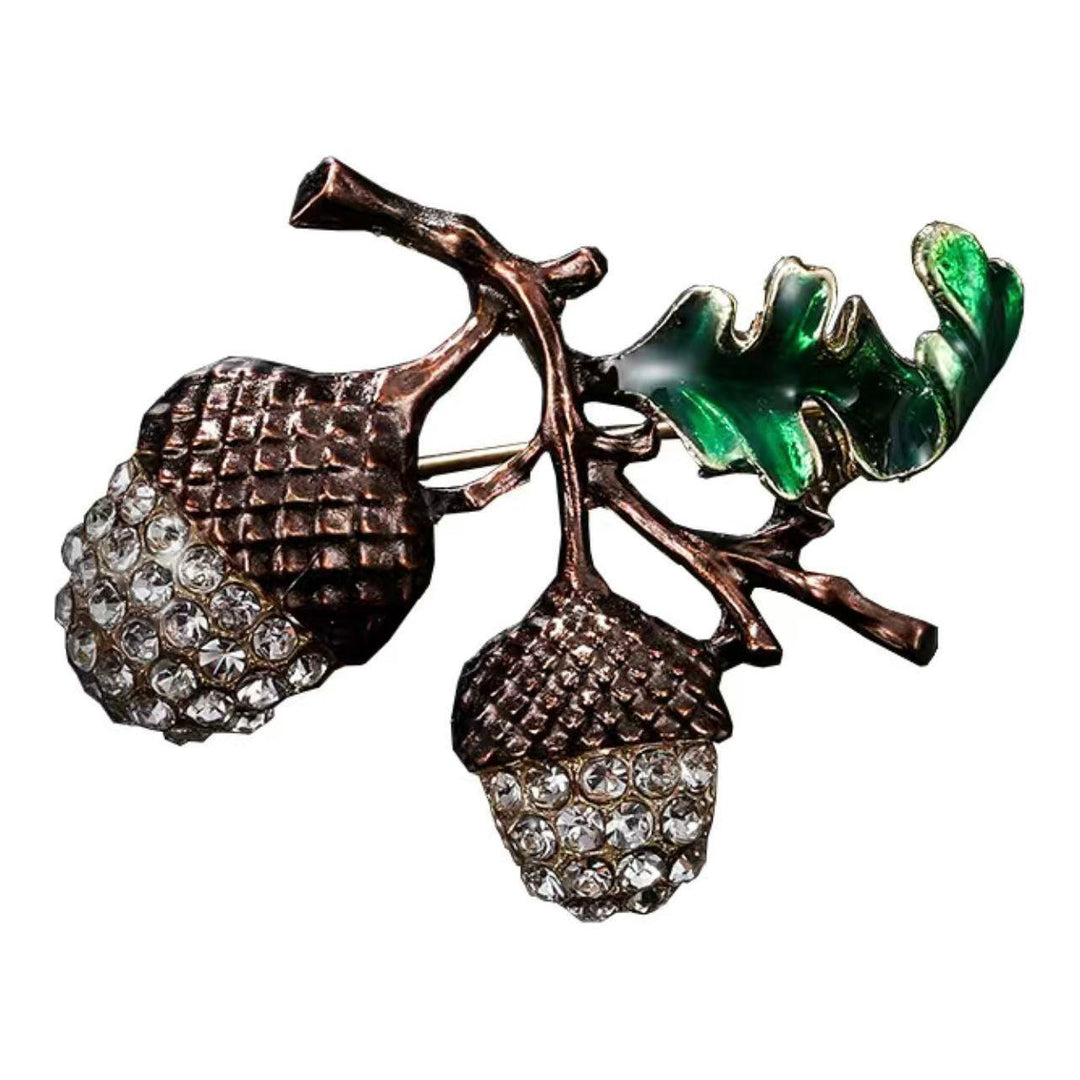 Acorn Branch Jewelled & Enamel Brooch - Jean Pool