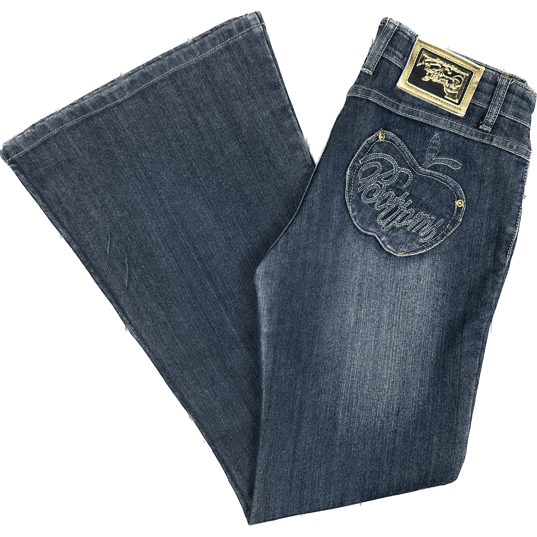 Apple Bottoms Iconic Apple Logo Pocket Flare Jeans Size 10 Jean Pool apple-bottoms-iconic-apple-logo-pocket-flare-jeans-size-10-jean-pool