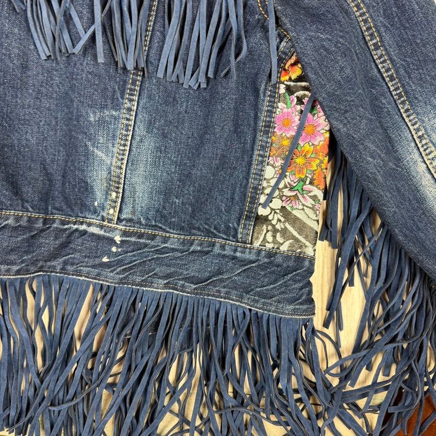 Dsquared2 Ladies Fringed Floral & Denim Jean Jacket - Size S