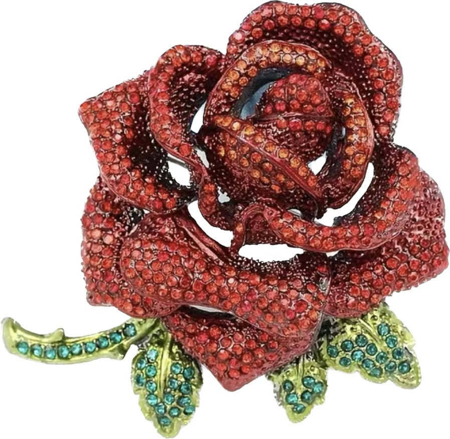 Jewelled Large Single Red Rose Sparkle Brooch