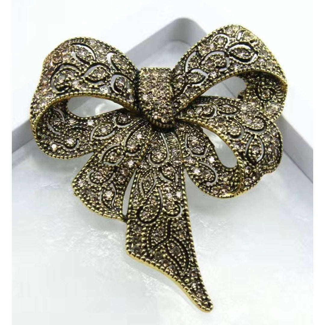 Antique Gold Jewelled Bow Brooch - Jean Pool