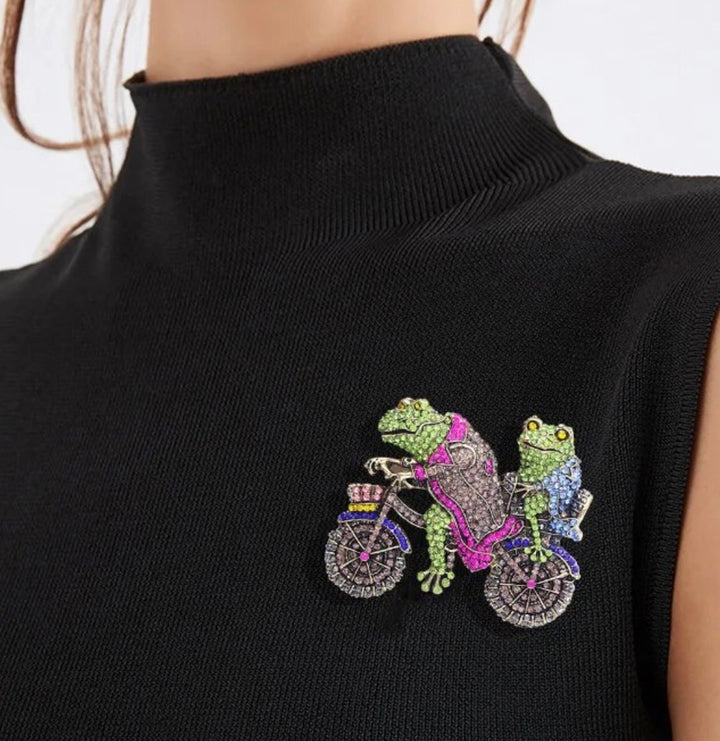 Jewelled Frogs on a Bike Large Brooch