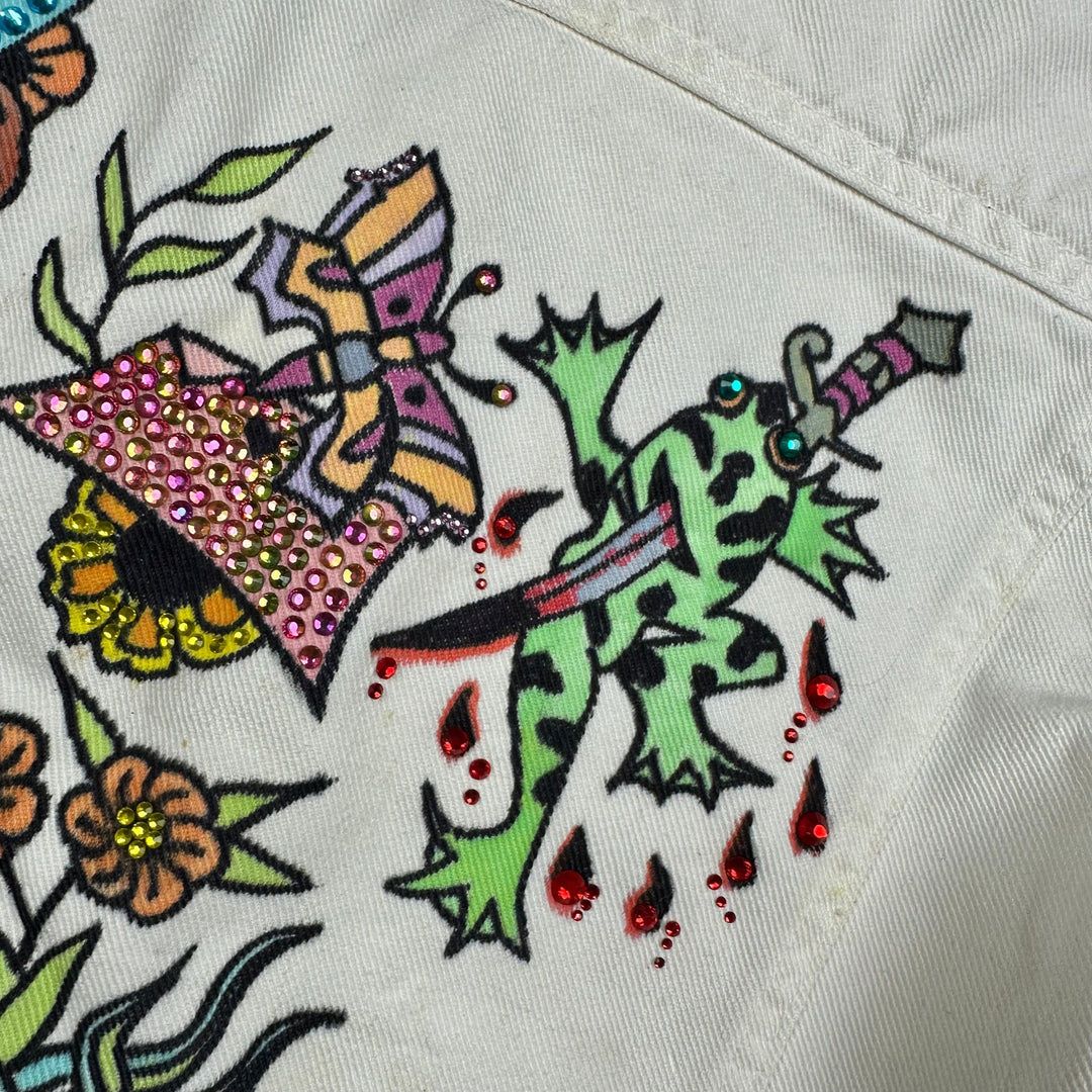 AMCO Vintage 1970's White Tattoo Print Denim Jacket - Size XS