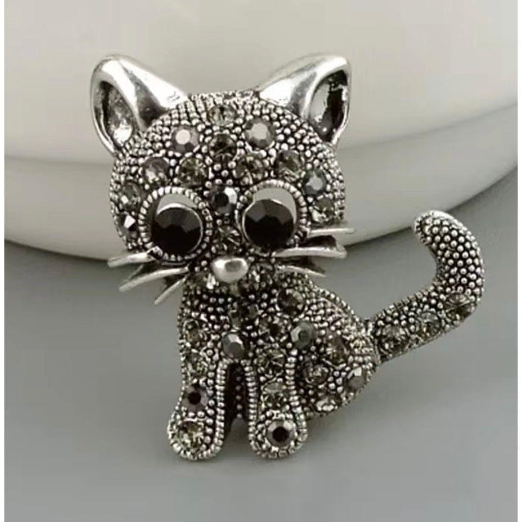 Silver Jewelled Tiny Cat Brooch - Jean Pool