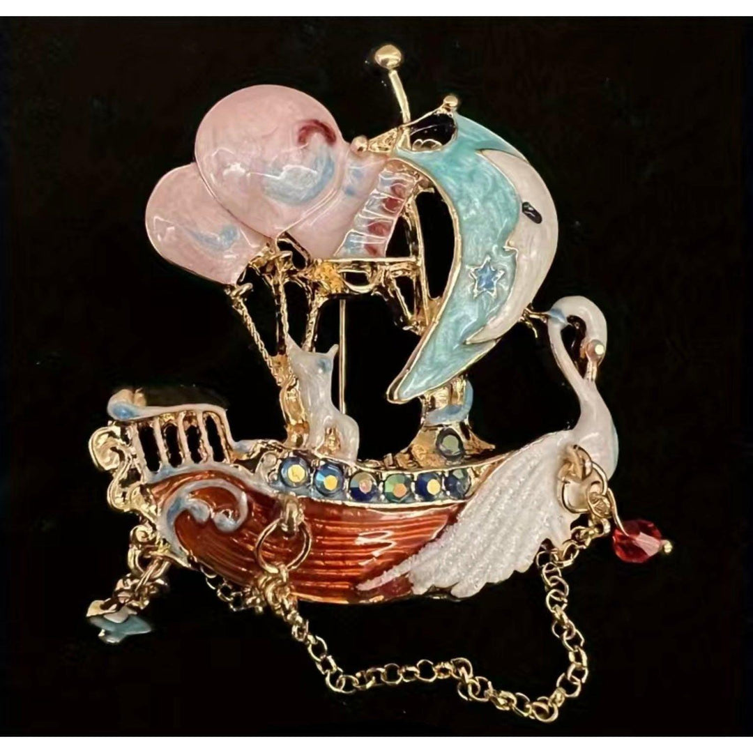 Swan Sailboat Jewelled & Enamel Brooch - Jean Pool