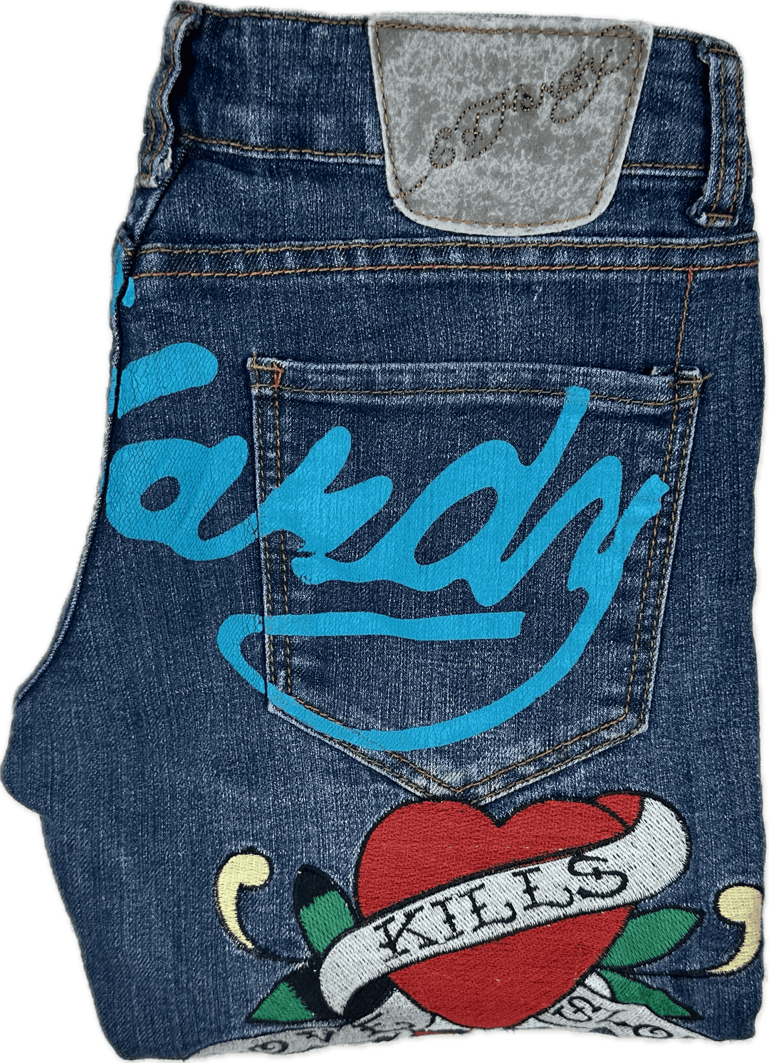 Ed Hardy 'Love Kills' Tattoo Print Ladies Denim Jeans - Size 28 - Jean Pool