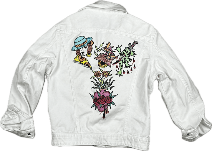 AMCO Vintage 1970's White Tattoo Print Denim Jacket - Size XS