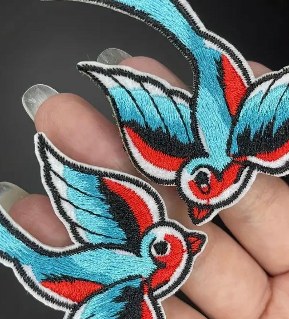 Tattoo Style Bluebird Pair- Embroidered Cloth Patch - Jean Pool