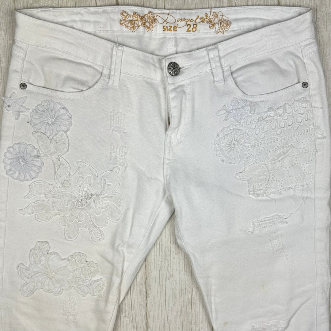 Desigual Embellished White on White Ladies Jeans- Size 28