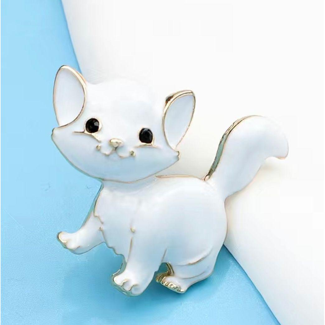 White Kitten Enamel Brooch - Jean Pool