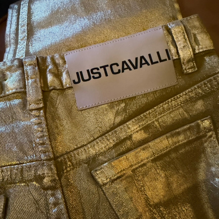 NWT- Just Cavalli Ladies Straight Metallic Gold Jeans - Size 27