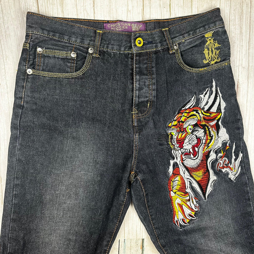 Christian Audigier Relaxed Logo Embroidered Tiger Jeans - Size 34