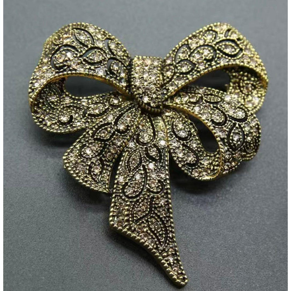 Antique Gold Jewelled Bow Brooch - Jean Pool