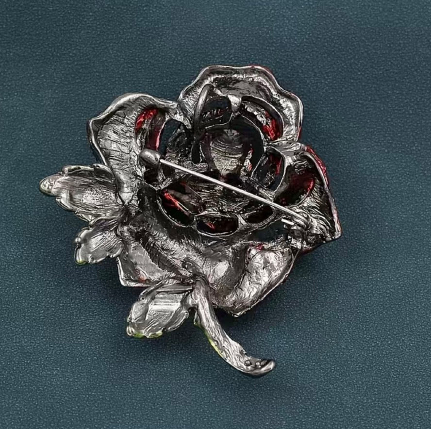 Jewelled Large Single Red Rose Sparkle Brooch
