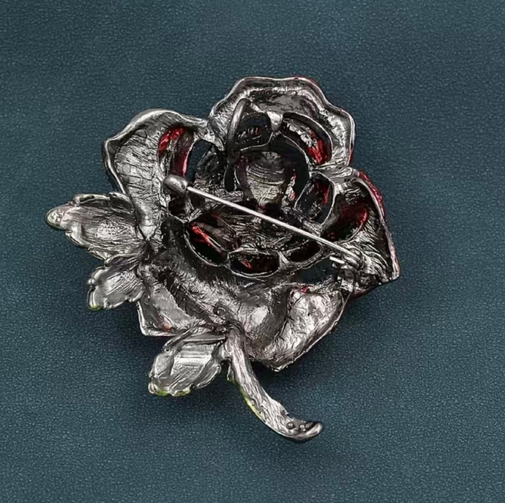 Jewelled Large Single Red Rose Sparkle Brooch