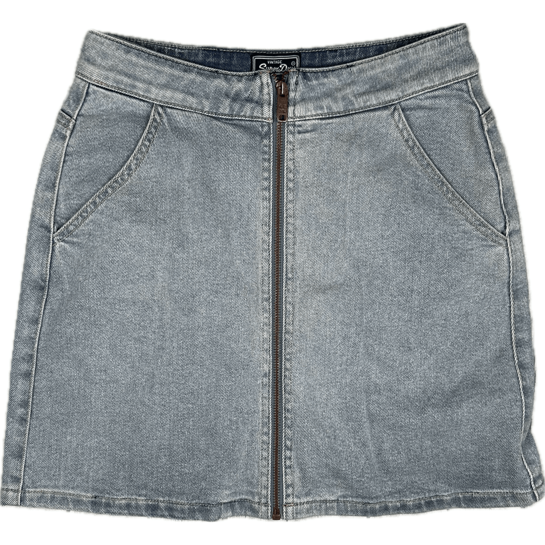 Superdry 'A Mini' Zip Front Blue Distressed Denim Skirt - Size 27 - Jean Pool