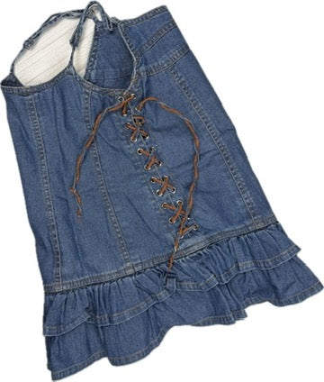 Fred Bare Girls Denim Frilled Dress Lace up sides - Size 5