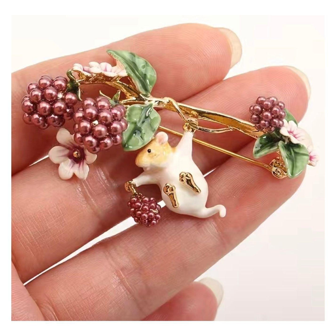 Enamel Floral Mouse in the Berries Brooch - Jean Pool