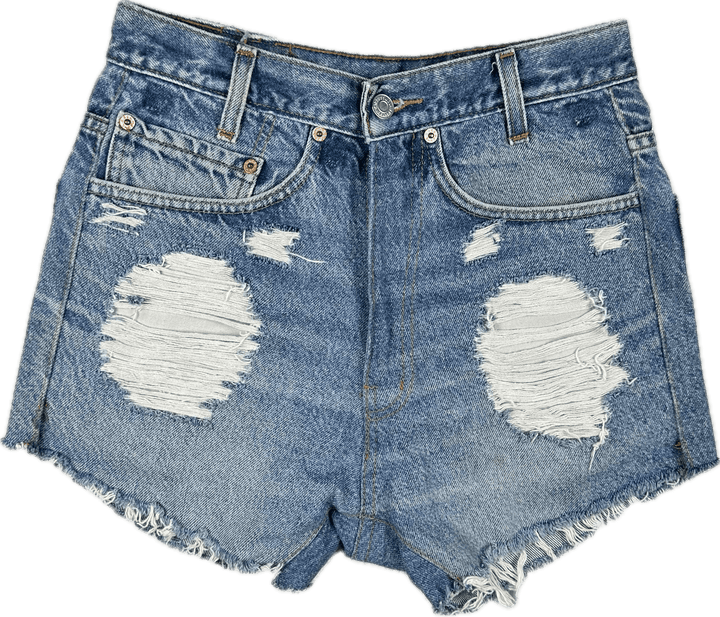 Reworked Levis Ladies High Rise Destroyed Denim Shorts - Size 26" - Jean Pool