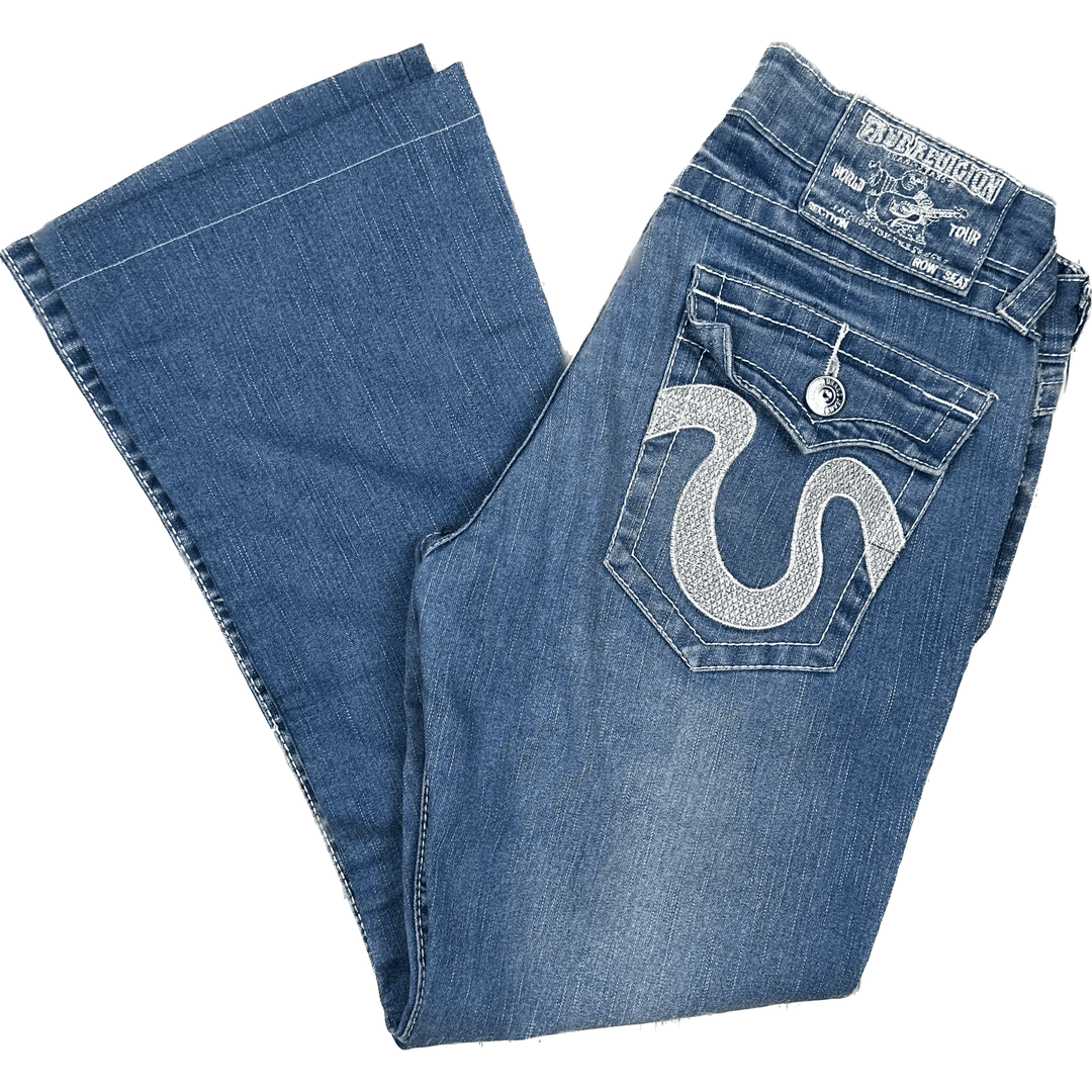 True Religion Light Wash White Stitch Jeans- Size 28S - Jean Pool