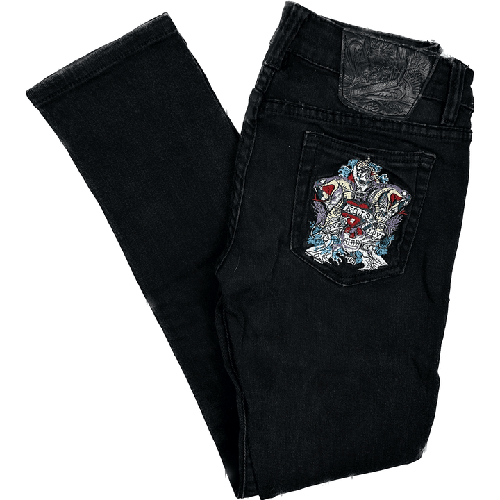 Ed Hardy 'Love Kills' Embroidered Tattoo Ladies Denim Jeans - Size 28 - Jean Pool