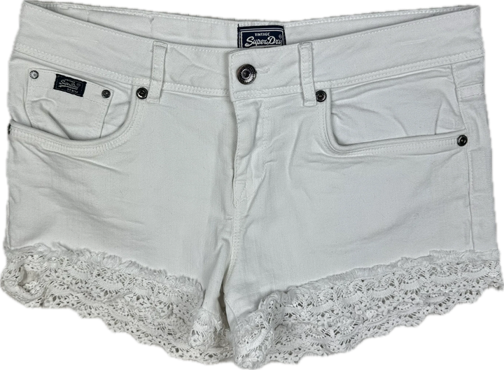 Superdry White Lace Trim Denim Shorts -Size 28