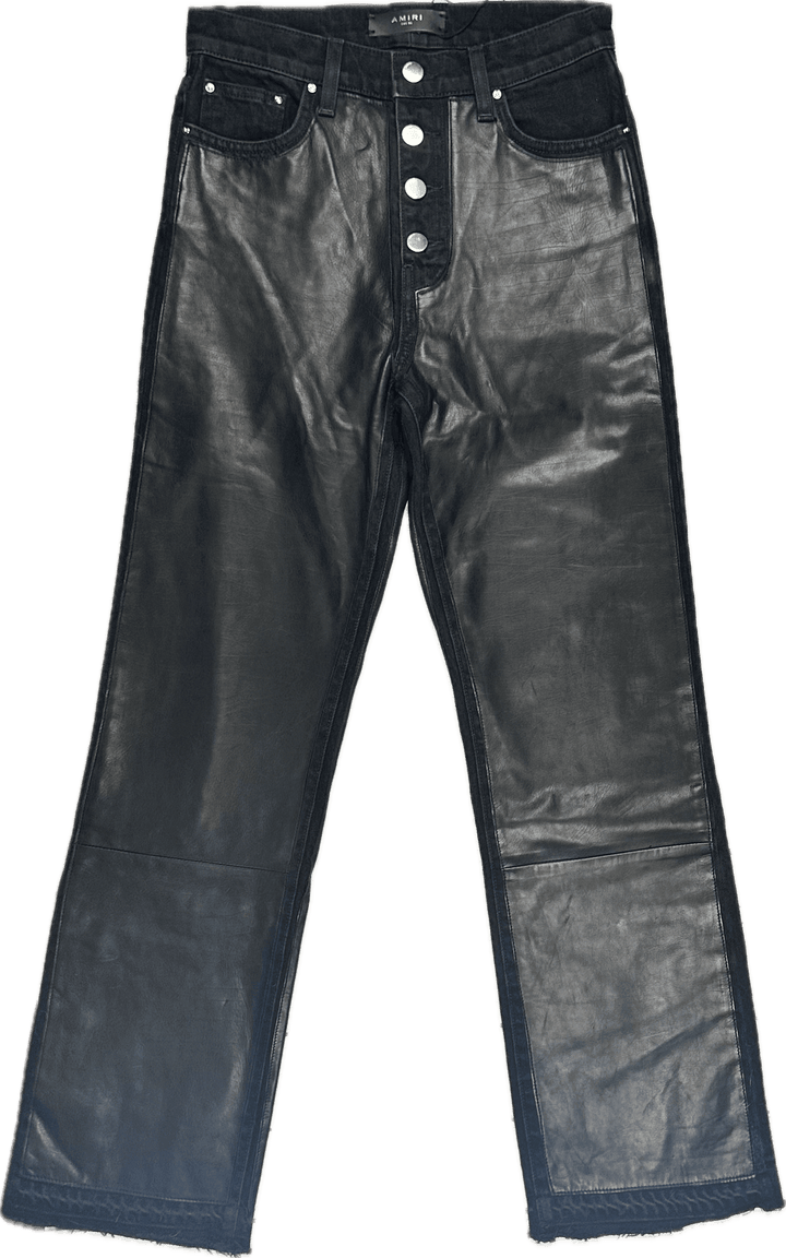 Amiri Black Leather & Denim Kick Flare Jeans- Size 26 or 8AU - Jean Pool