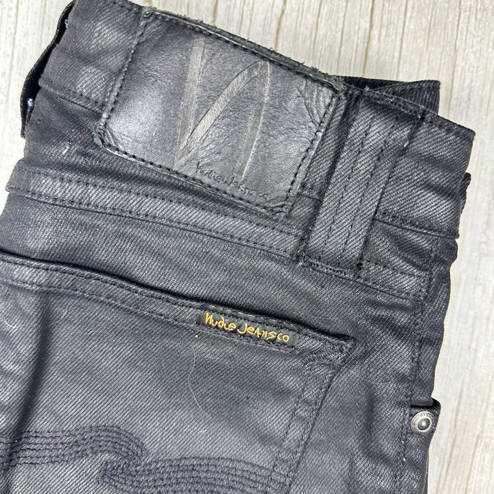 Nudie 'Skinny Sam' Back in Black Wash Coated Denim Jeans- Size 25/32 - Jean Pool