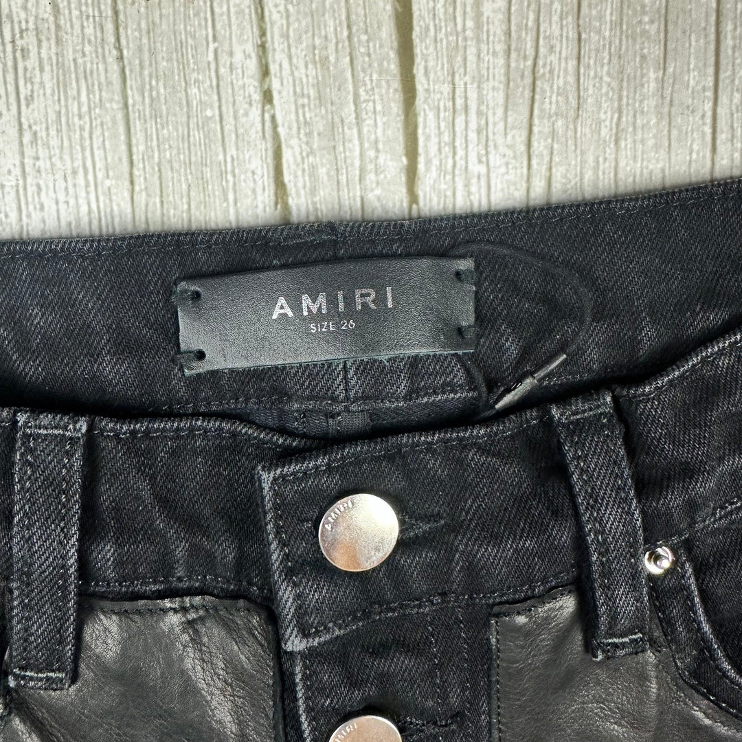 Amiri Black Leather & Denim Kick Flare Jeans- Size 26 or 8AU - Jean Pool