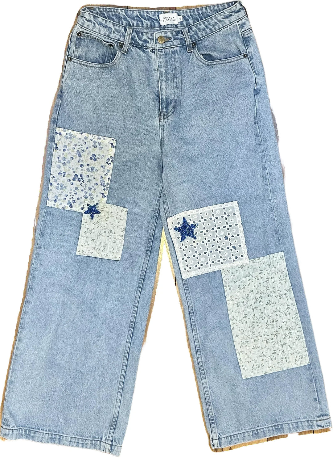 Ghanda 'Cameron' High Rise Wide Leg Patch Jeans - Size 12