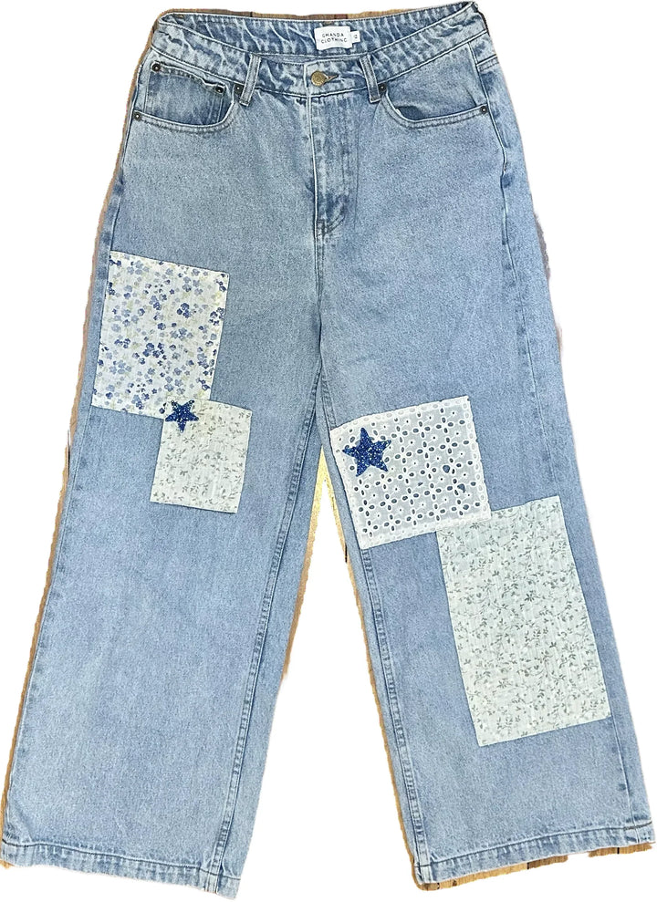 Ghanda 'Cameron' High Rise Wide Leg Patch Jeans - Size 12