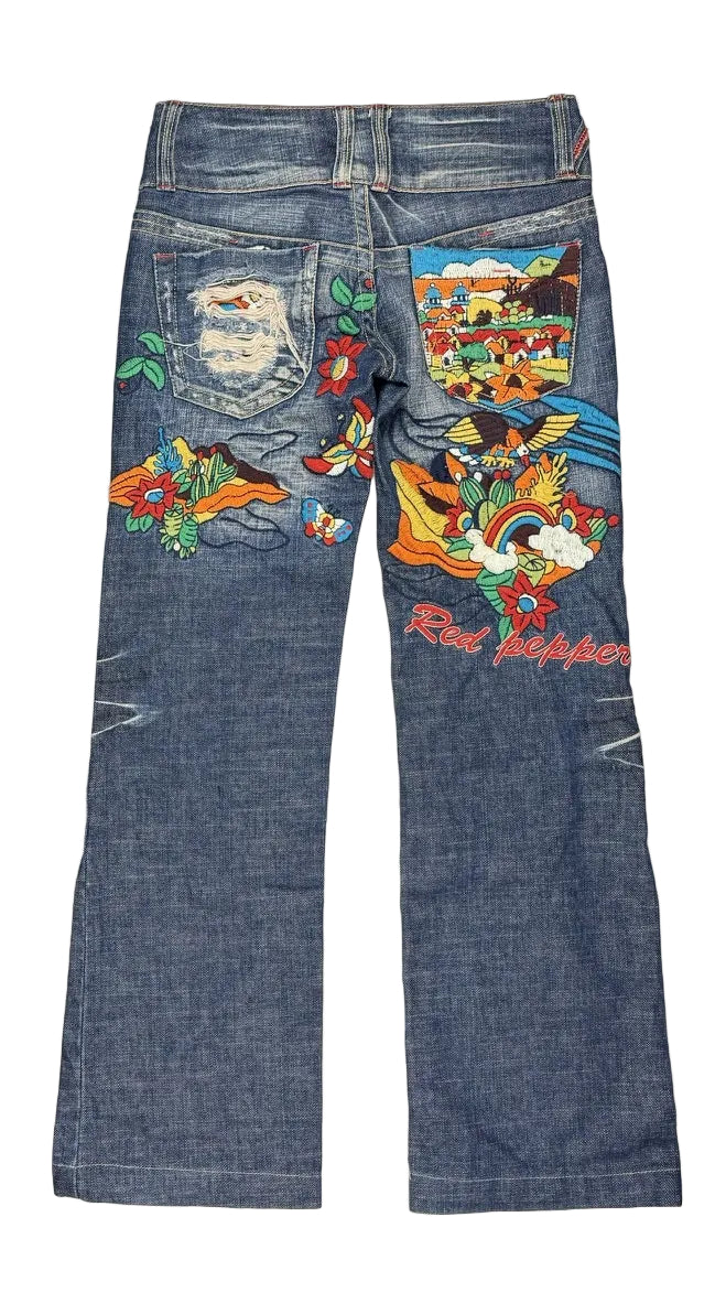 Red Pepper Japan Y2K Embroidered  Ladies Low Rise Boot Jeans - XS