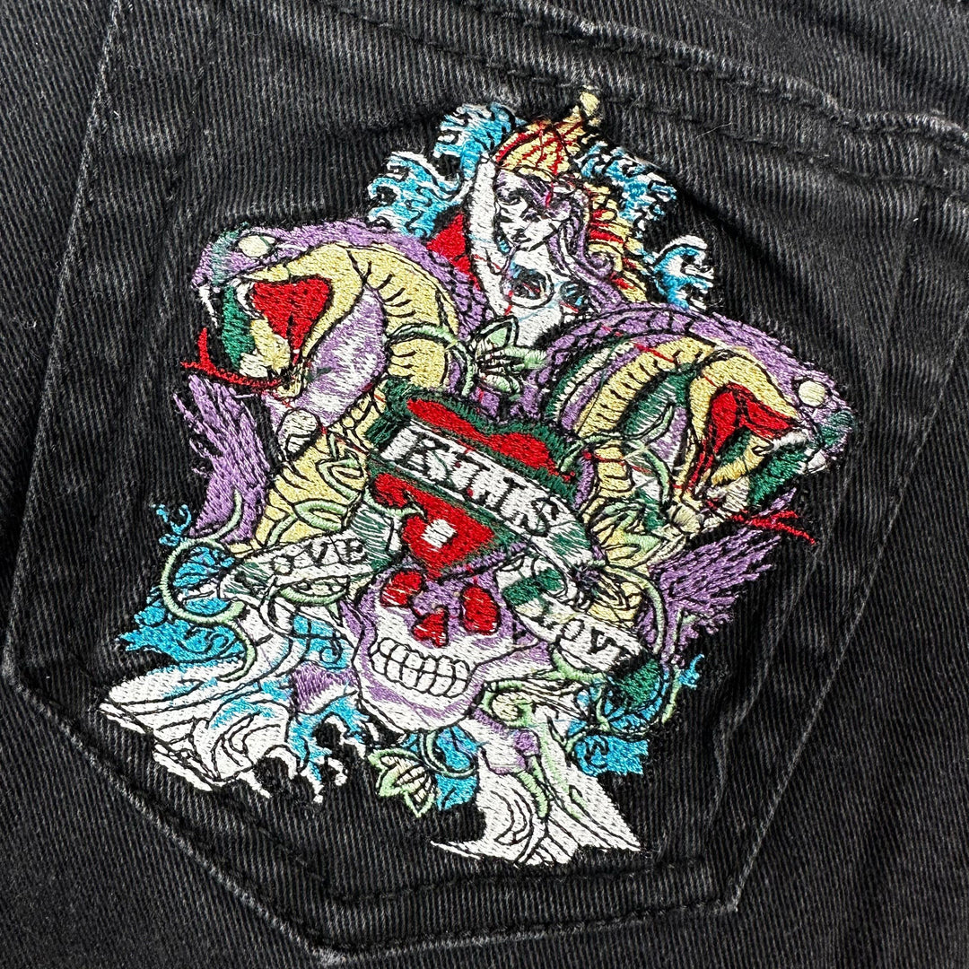 Ed Hardy 'Love Kills' Embroidered Tattoo Ladies Denim Jeans - Size 28 - Jean Pool