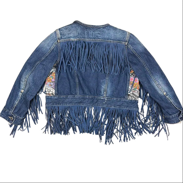 Dsquared2 Ladies Fringed Floral & Denim Jean Jacket - Size S