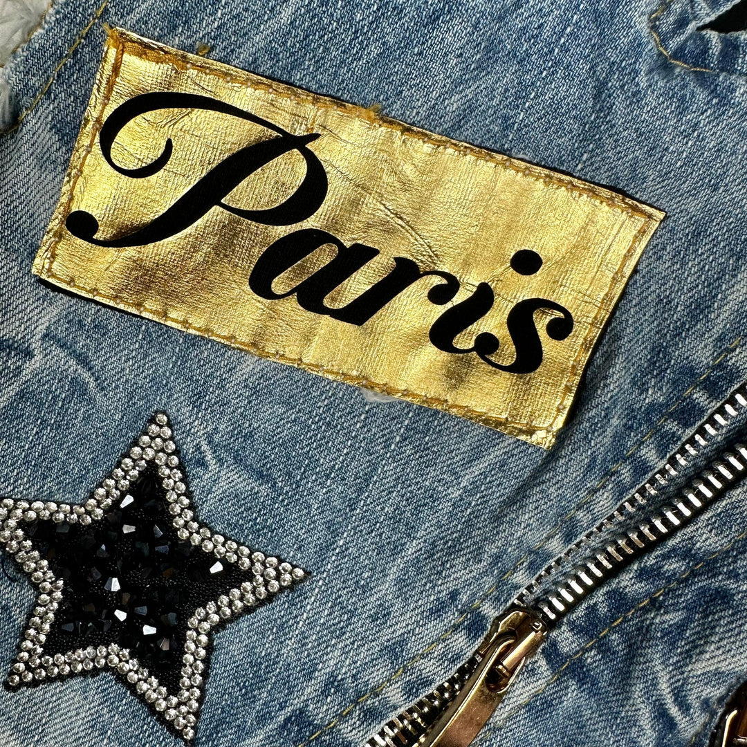 Miss Lu Lu Italian 'Paris' Denim Sleeveless Biker Jacket - Size 6M