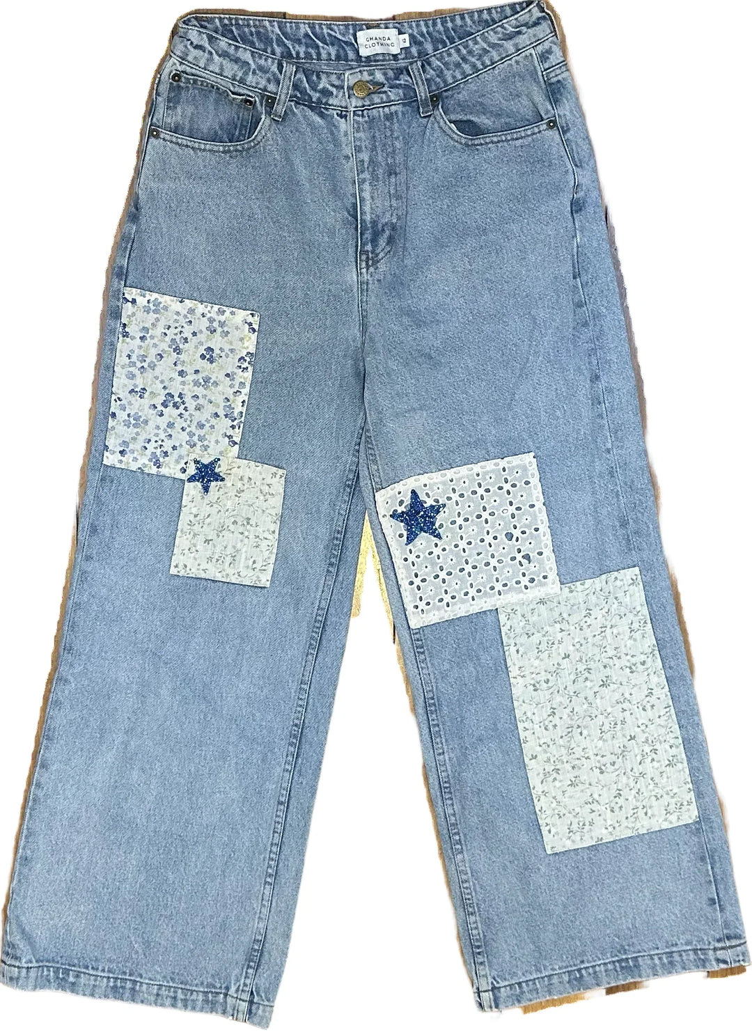 Ghanda 'Cameron' High Rise Wide Leg Patch Jeans - Size 12