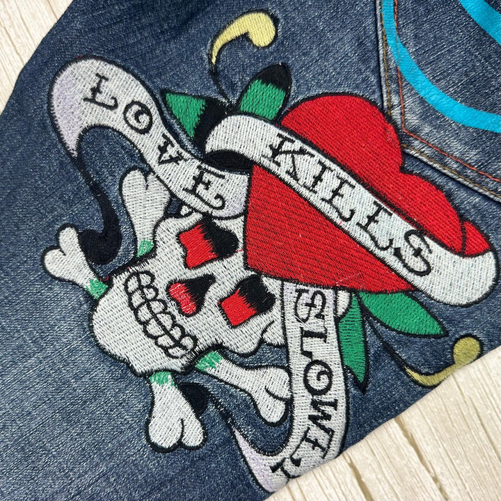 Ed Hardy 'Love Kills' Tattoo Print Ladies Denim Jeans - Size 28 - Jean Pool